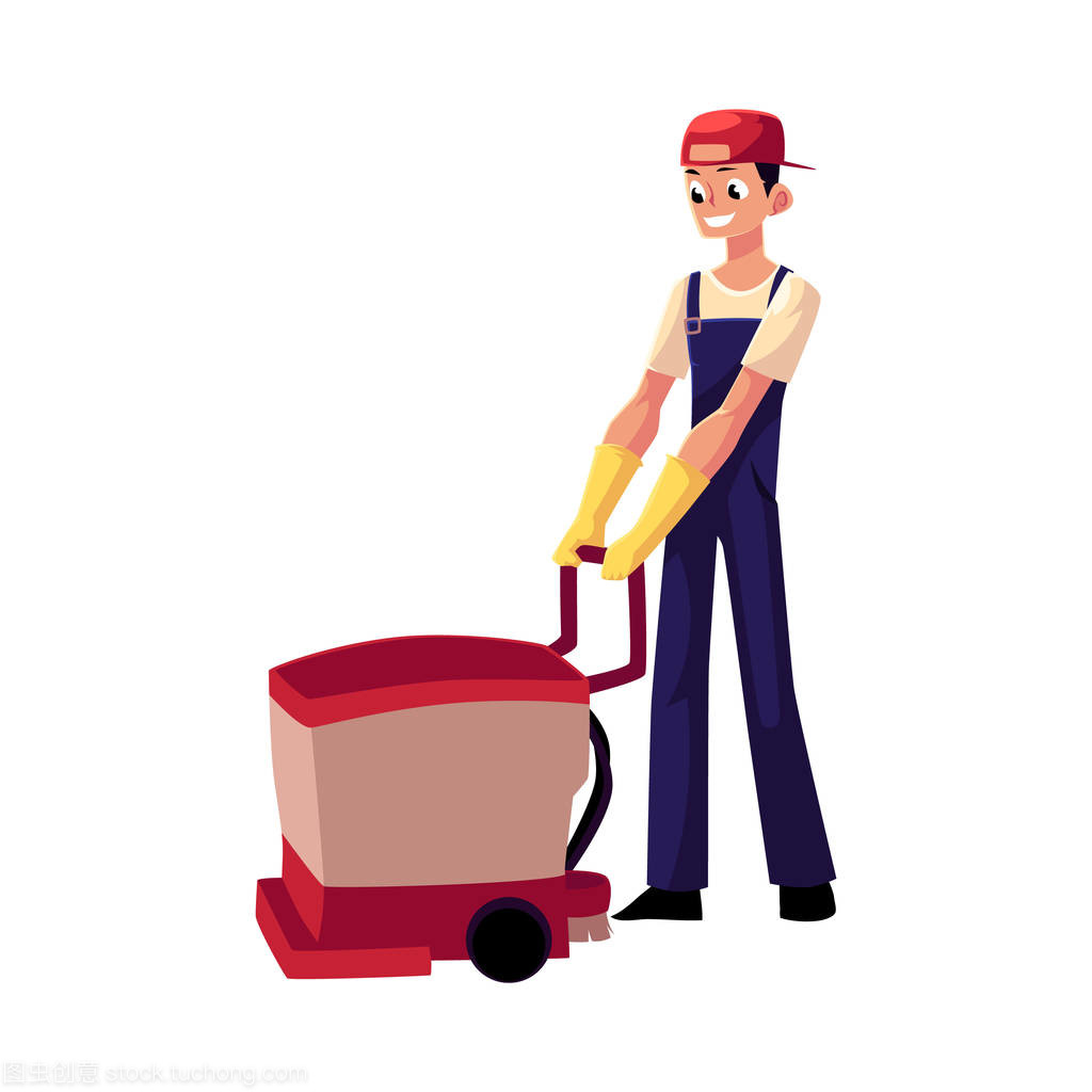 清潔服務男孩,男人用地板清洗機前, 視圖